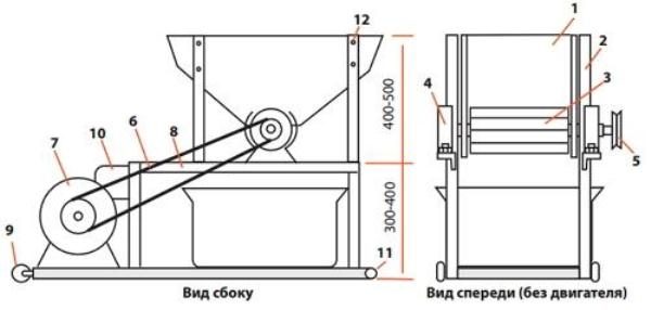  Diagram of the finished crusher apples, front and side view